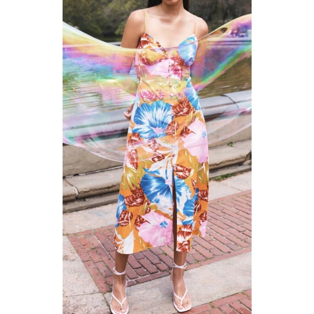 NWT Zara Tropical Floral Midi Dress Linen Blend Blogger Favorite Summer L - Picture 5 of 10